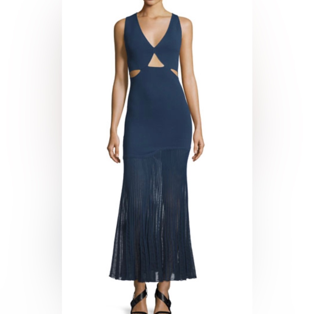 Cedric Charlier Sleeveless Cutout Knit Dress w/Accordion-Pleated Skirt, Navy 8